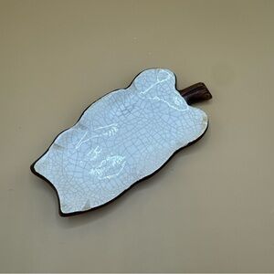 Vtg Treasure Craft Leaf Shape Spoon Rest Trinket Dish 7" Crackle Design U.S.A.